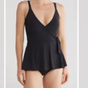 Betsey Johnson NWT  Womens One Piece Swimsuit swimdress solid black side tie‎